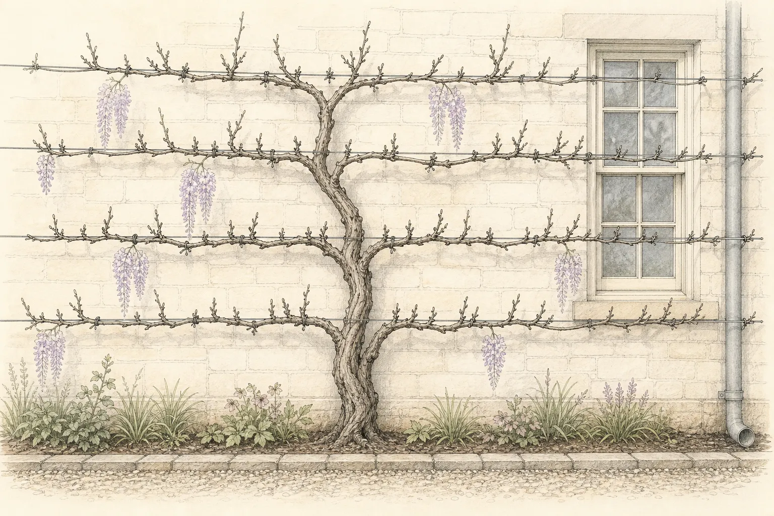 Mature wisteria trained on horizontal wall wires with permanent branches, short spurs and clear gutters