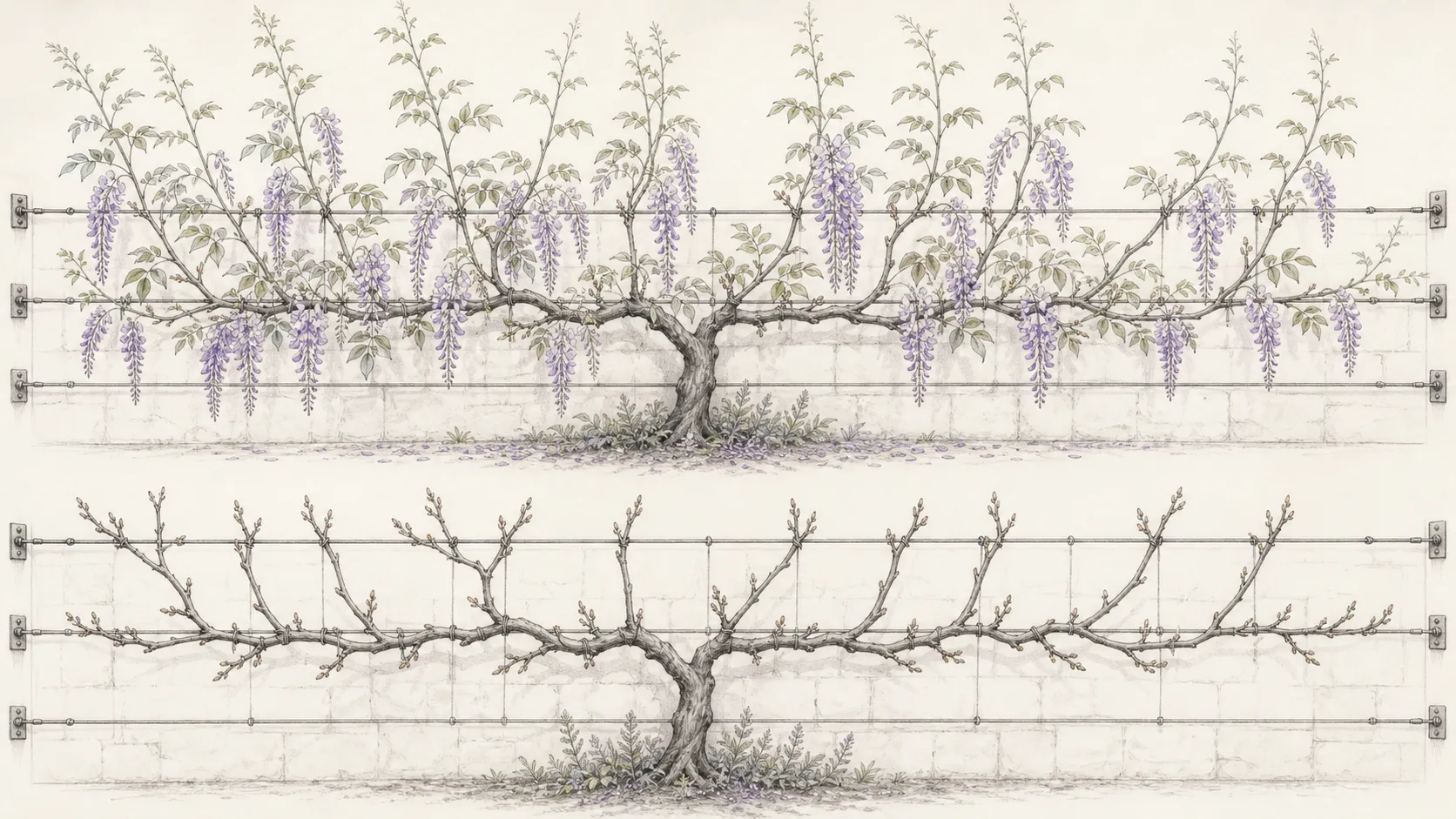 Two-season wisteria sequence with summer whips shortened to leaves and winter laterals reduced to flowering spurs