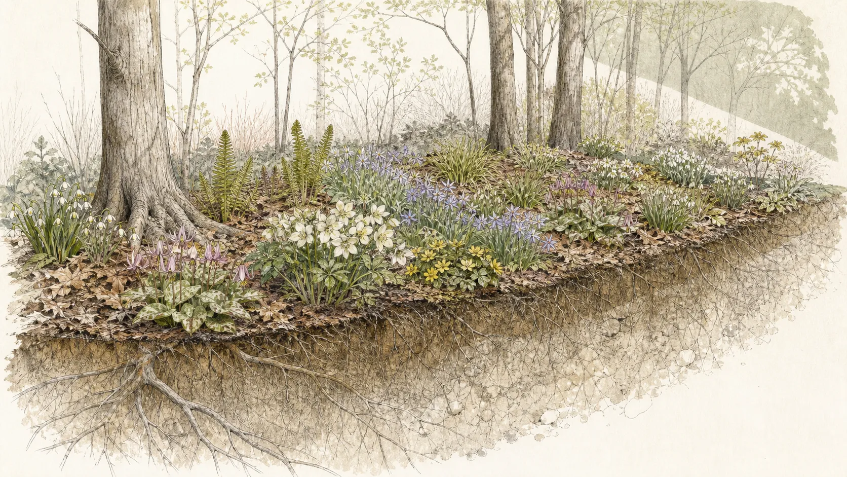 Woodland-edge cutaway with spring ephemerals, emerging ferns and sedges, open deciduous canopy and protected tree roots