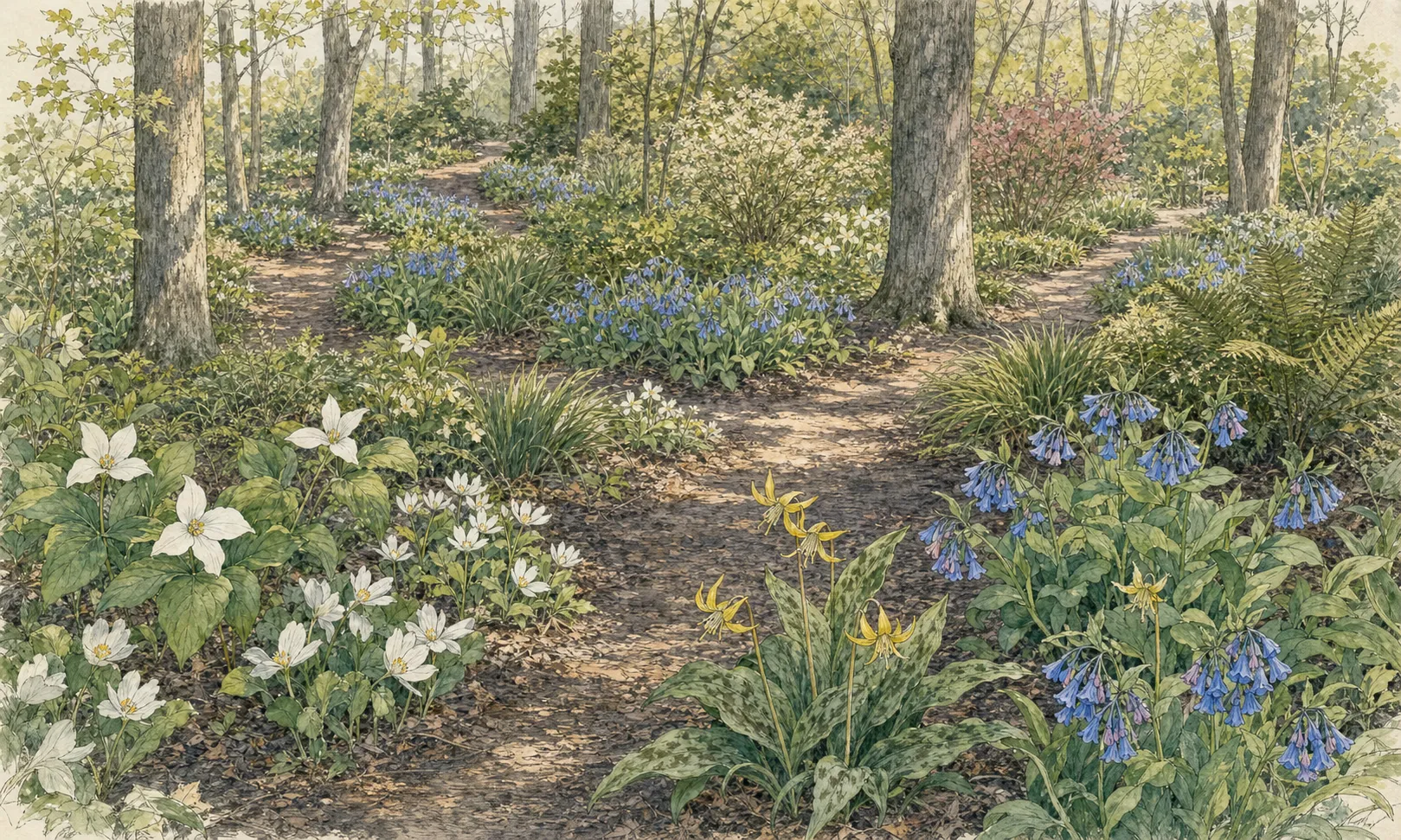 Refined April woodland border with modest drifts of bluebells, trillium-like flowers, bloodroot, ferns and carex