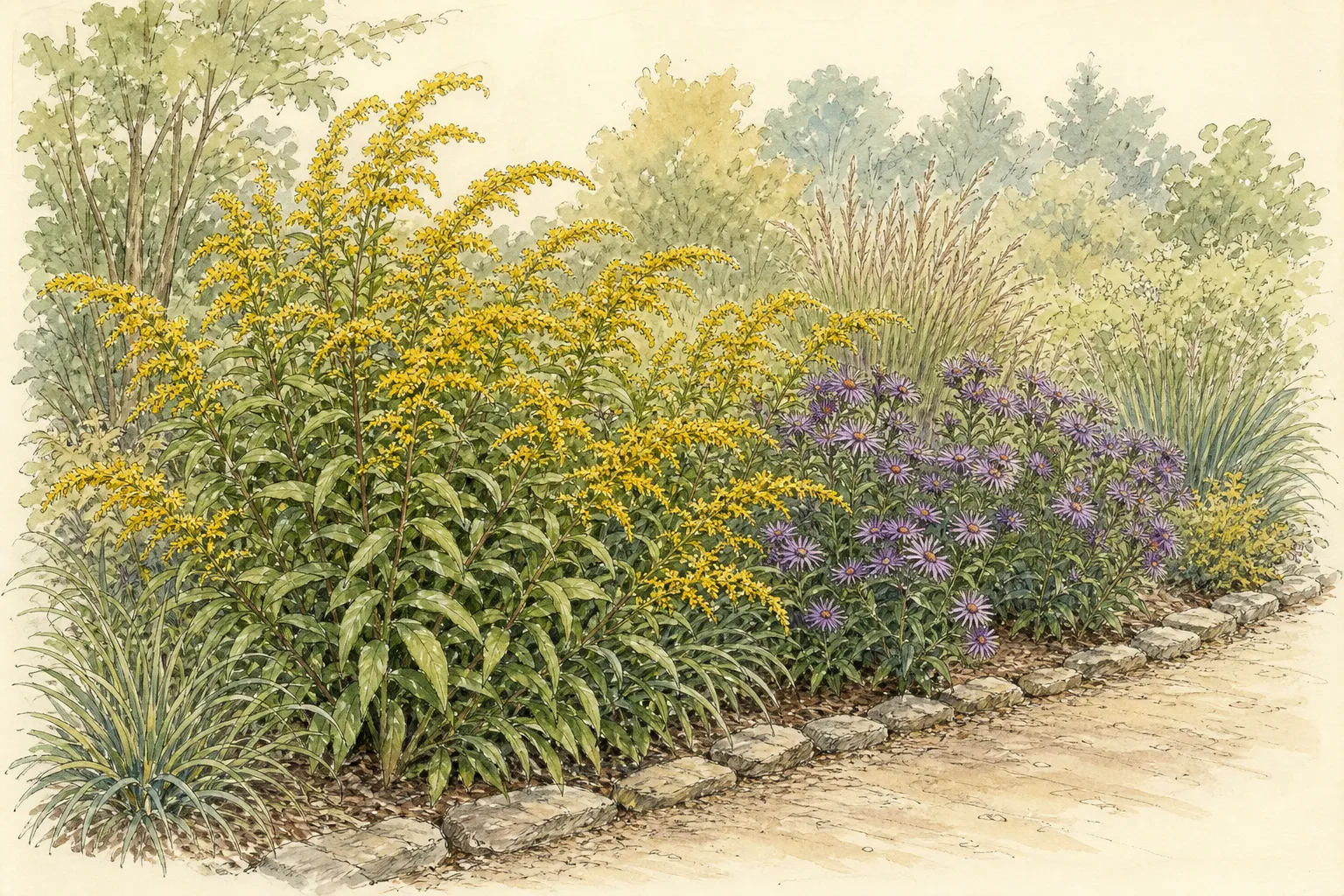Garden placement study showing mature Wrinkleleaf Goldenrod in an ornamental planting