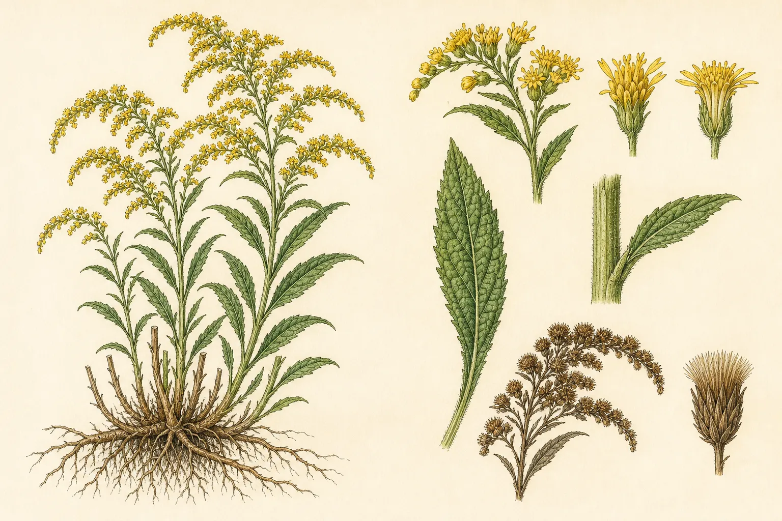 Botanical identification plate of Wrinkleleaf Goldenrod, Solidago rugosa