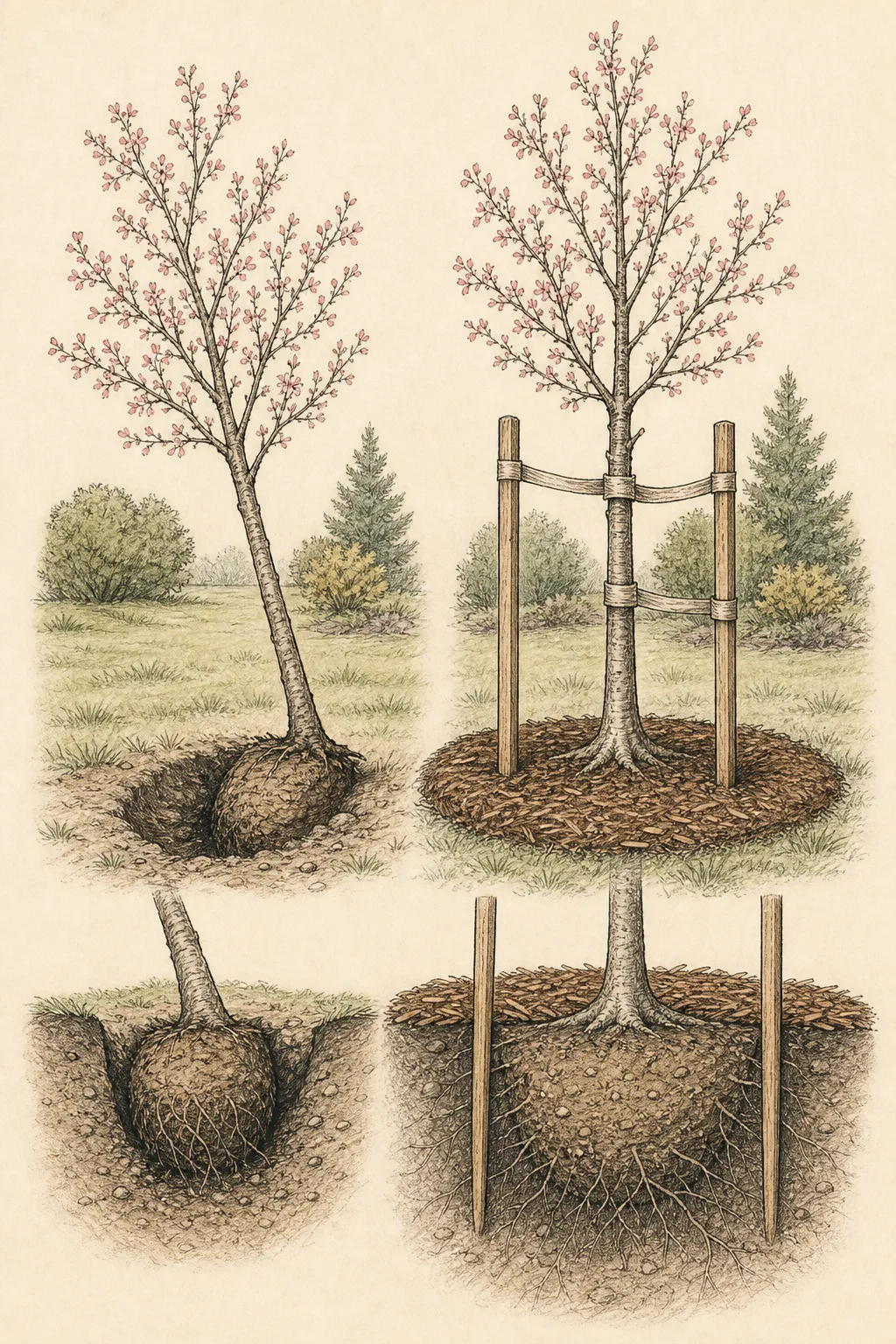 Instructional diagram showing a recently planted young tree reset upright with roots re-covered, evenly spaced stakes, broad ties, and a mulch ring outside the trunk flare