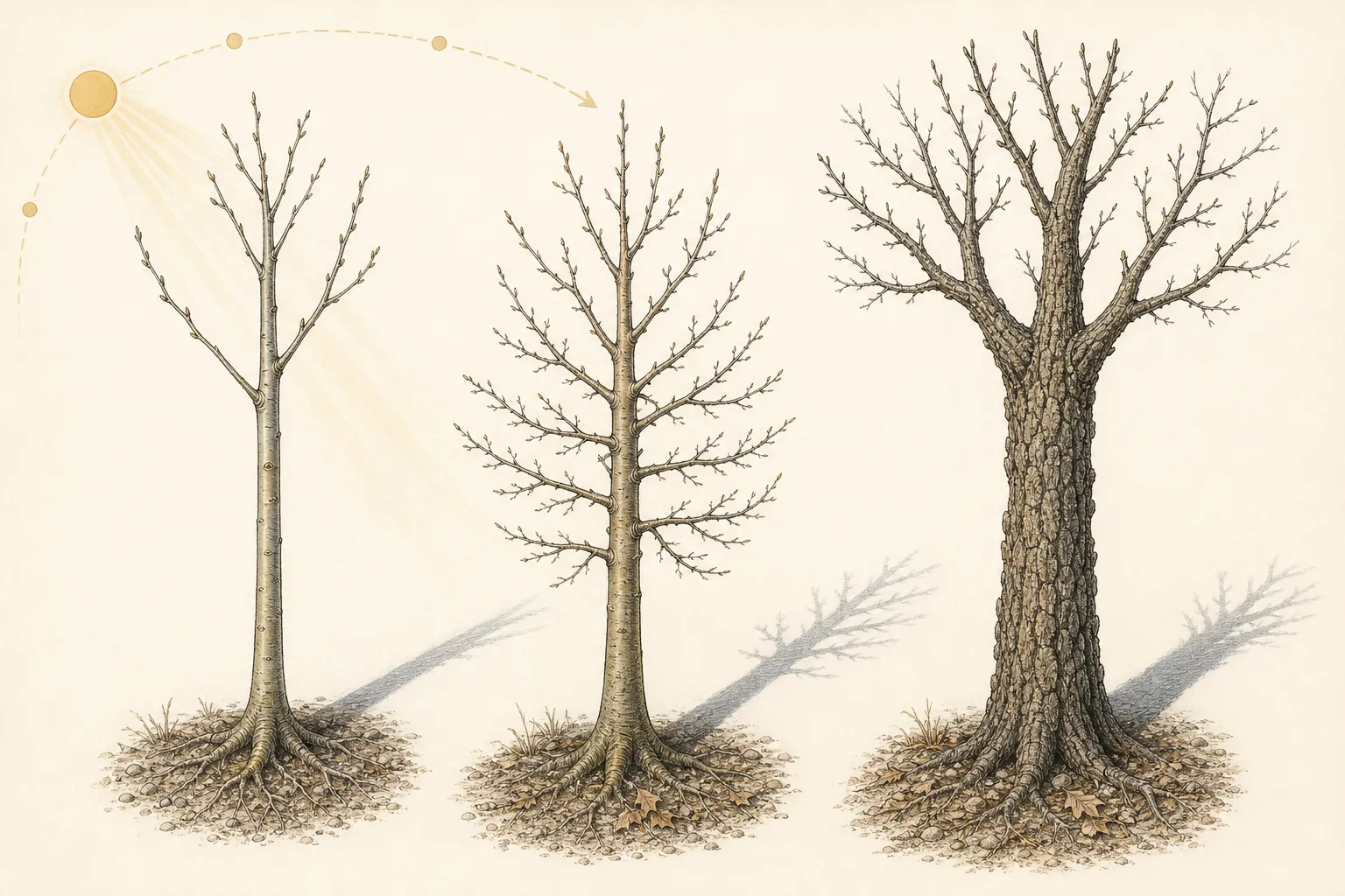 Botanical comparison of a young thin-barked tree with exposed southwest trunk, a shaded trunk retaining temporary lower branches, and a thick corky-barked tree