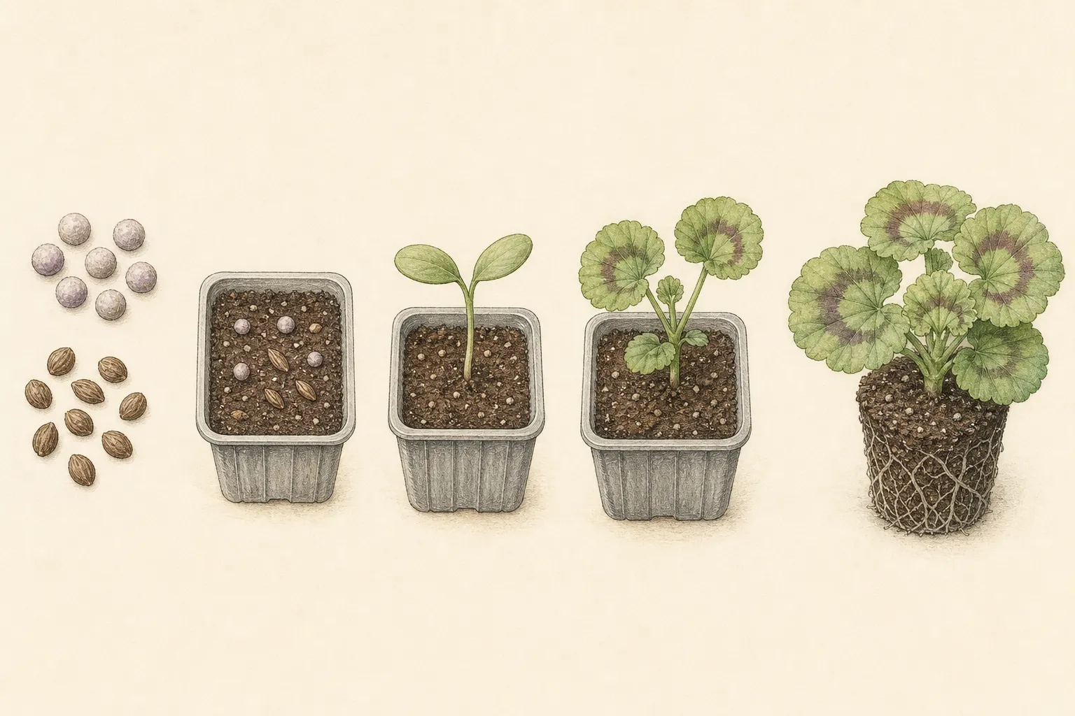 Botanical sequence from zonal geranium seed through cotyledons, zoned true leaves, and a compact transplant