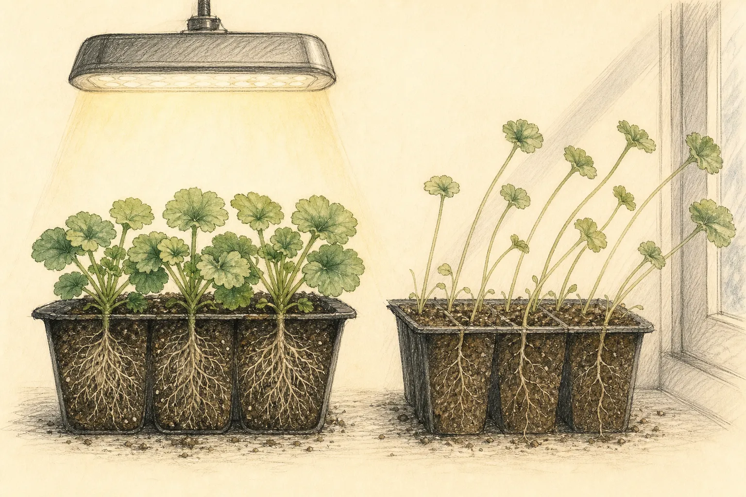 Compact zonal geranium seedlings under broad close light compared with elongated seedlings leaning toward weak side light